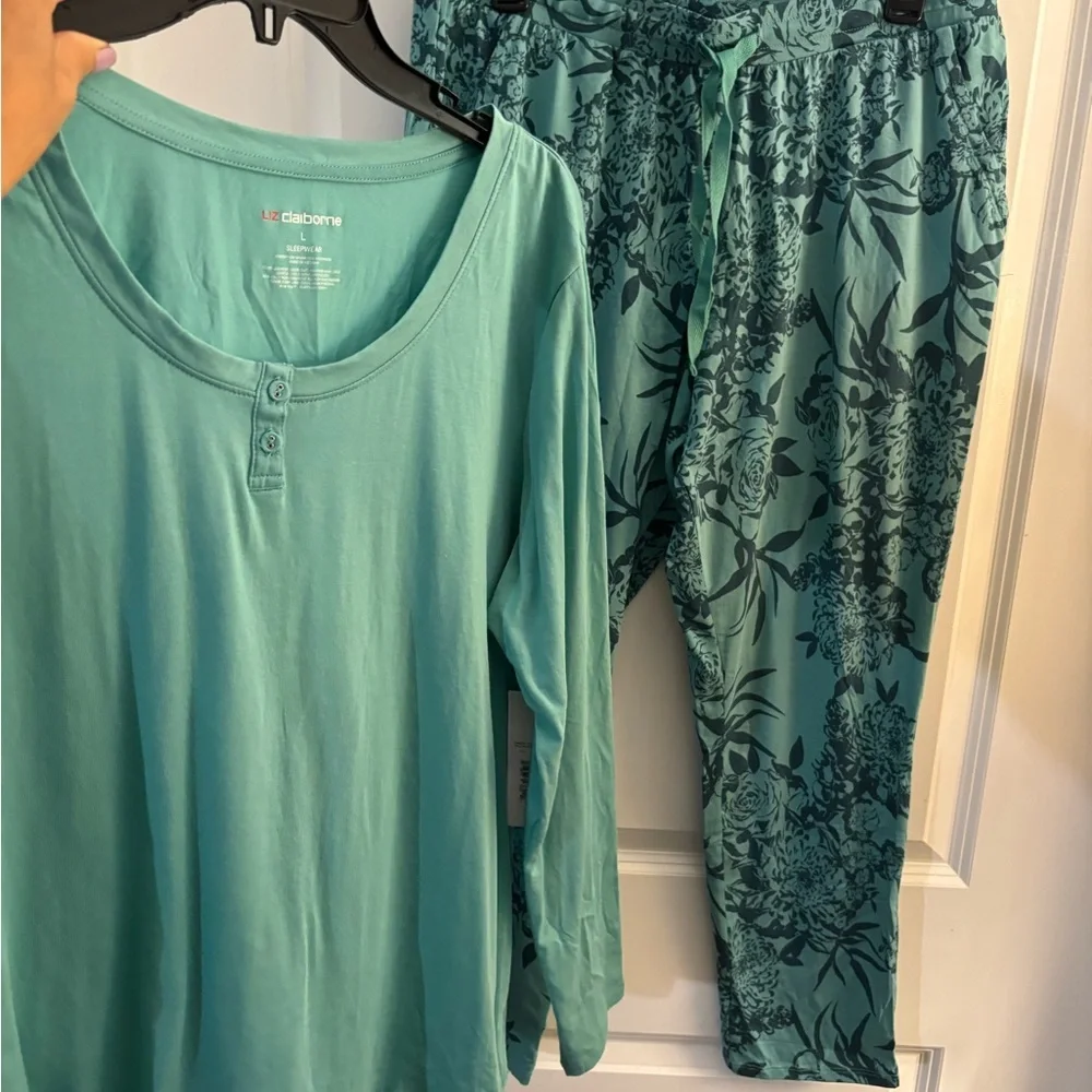 Woman’s Liz Claiborne Teal Loungewear Set - Solid Top & Floral Pants Sz L NWT